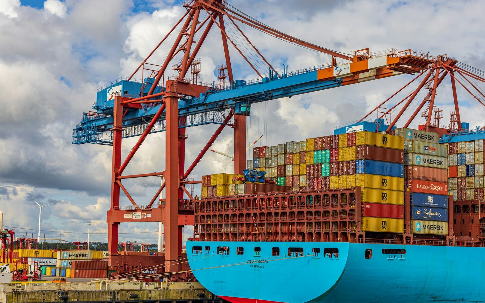 Ship-to-shore cranes and a container ship at berth
